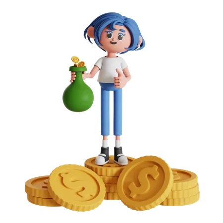 Woman Standing On A Pile Of Coin While Holding Money Bag  3D Illustration