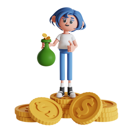 Woman Standing On A Pile Of Coin While Holding Money Bag  3D Illustration