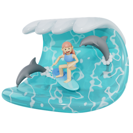 Woman Surfing In Sea Wave  3D Illustration