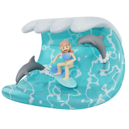 Woman Surfing In Sea Wave  3D Illustration