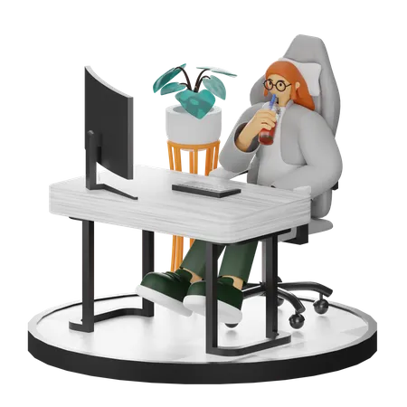 Woman Taking Coffee Break After Work  3D Illustration