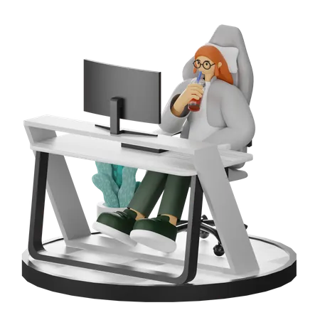 Woman Taking Coffee Break After Work  3D Illustration