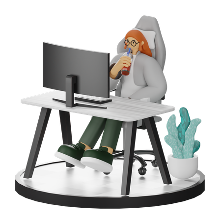 Woman Taking Coffee Break After Work  3D Illustration