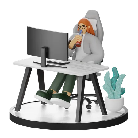 Woman Taking Coffee Break After Work  3D Illustration