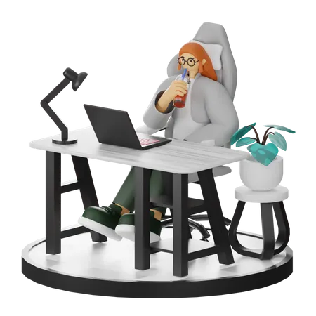 Woman Taking Coffee Break After Work  3D Illustration