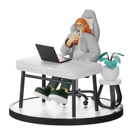 Woman Taking Coffee Break After Work  3D Illustration