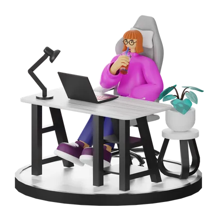 Woman Taking Coffee Break After Work  3D Illustration