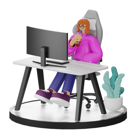 Woman Taking Coffee Break After Work  3D Illustration