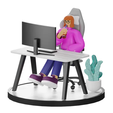 Woman Taking Coffee Break After Work  3D Illustration