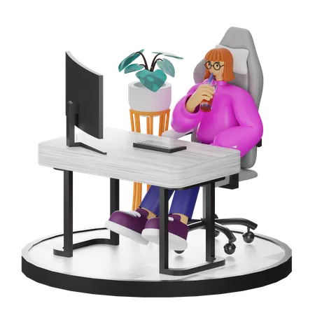 Woman Taking Coffee Break After Work  3D Illustration