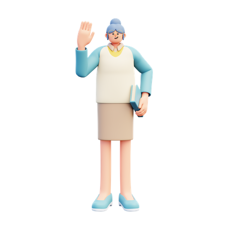 Woman Teacher Holding Book While Waving Hand  3D Illustration