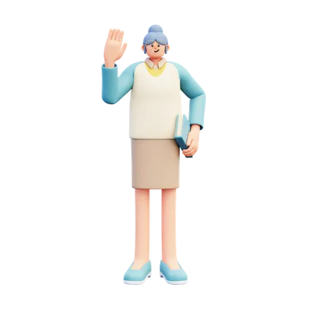 Woman Teacher Holding Book While Waving Hand  3D Illustration
