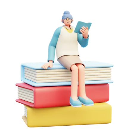 Woman Teacher Sitting On Books  3D Illustration