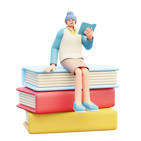 Woman Teacher Sitting On Books  3D Illustration