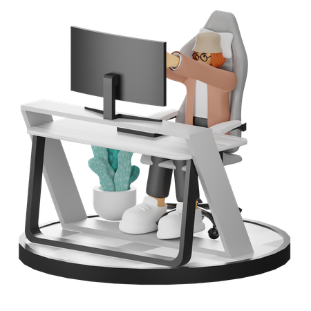 Woman Tired Of Working At Office  3D Illustration