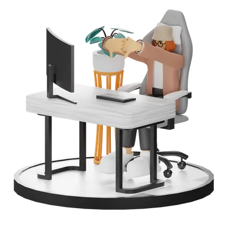 Woman Tired Of Working At Office  3D Illustration