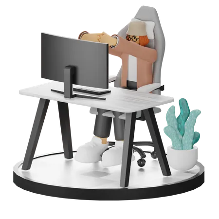 Woman Tired Of Working At Office  3D Illustration