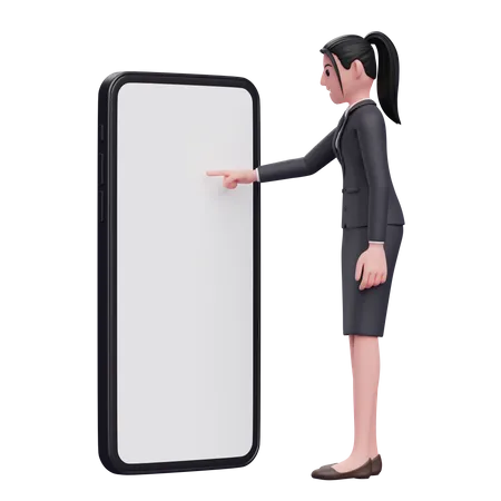 Business Woman In Formal Suit Touching Phone Screen With Index Finger 3 D Render Character Illustration 3D Illustration