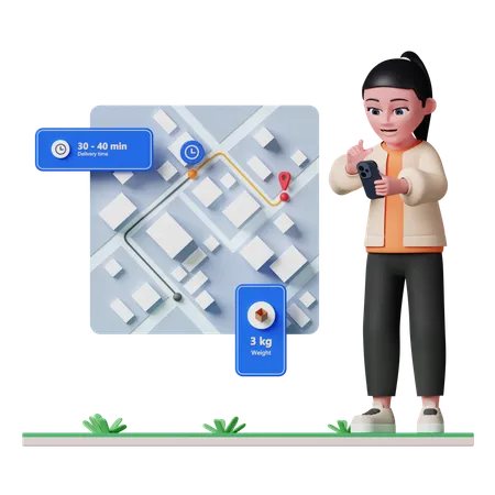 Woman tracking delivery through app  3D Illustration