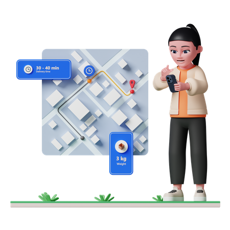 Woman tracking delivery through app 3D Illustration