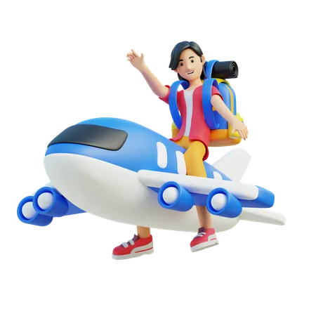 Woman Travel By Plane  3D Illustration