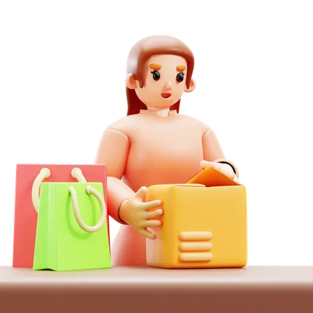 Woman unboxing package  3D Illustration