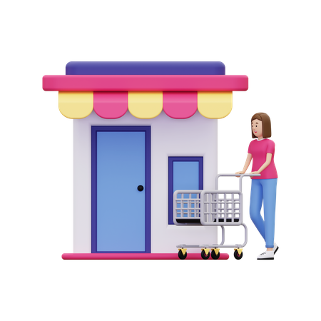 Woman uses shopping cart while shopping in a store  3D Illustration