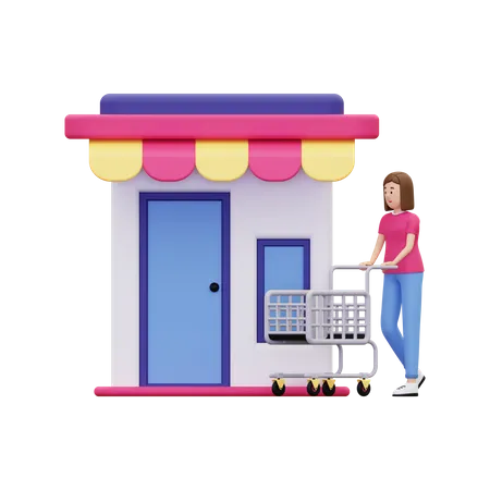 Woman uses shopping cart while shopping in a store  3D Illustration