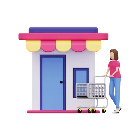 Woman uses shopping cart while shopping in a store 3D Illustration