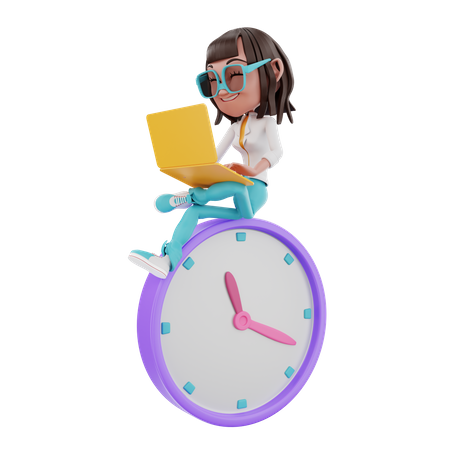 Woman using a laptop and sitting on a clock  3D Illustration