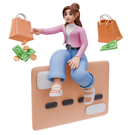 Woman Using Credit Card Doing Shopping Payment With Shopping Bag  3D Illustration