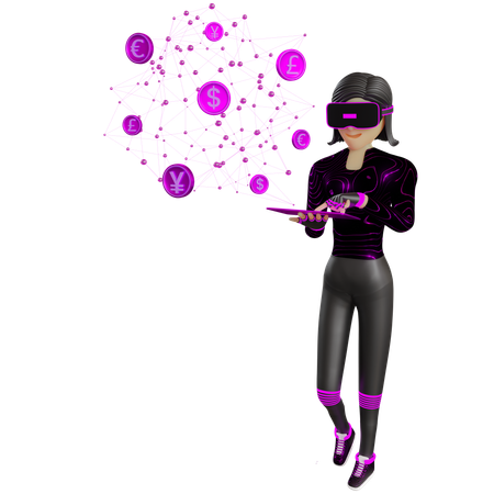 Woman Using Financial Technology Currency On Metaverse  3D Illustration