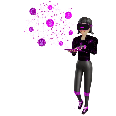 Woman Using Financial Technology Currency On Metaverse  3D Illustration