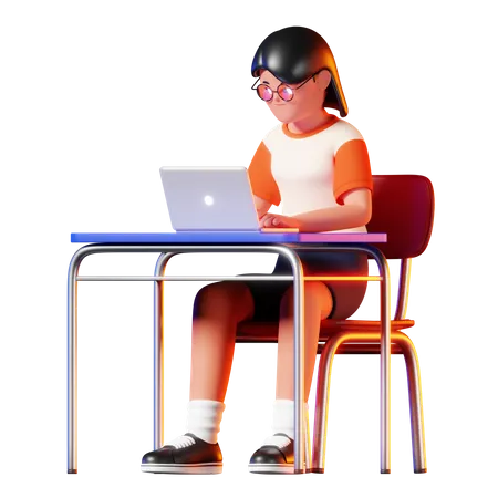 Woman Using Laptop While Sitting Being Dead Serious 3D Illustration