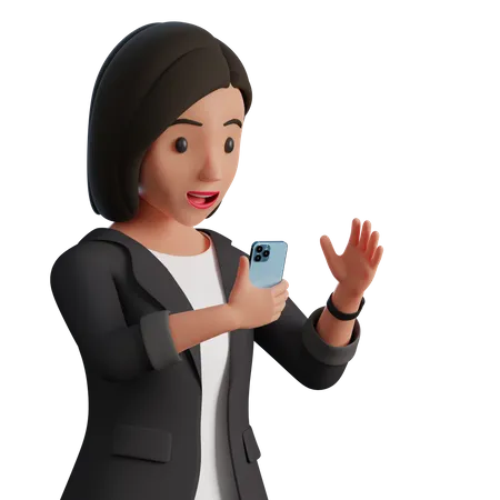 3 D Character Businesswoman In A Costume 3 D Marketing Manager Woman Character Solves Problems In Flight With Laptop And Phone Watching Presentation In Mobile Phone 3D Illustration