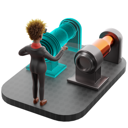 VR에서 디지털 트윈을 보는 여성  3D Illustration