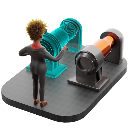VR에서 디지털 트윈을 보는 여성  3D Illustration