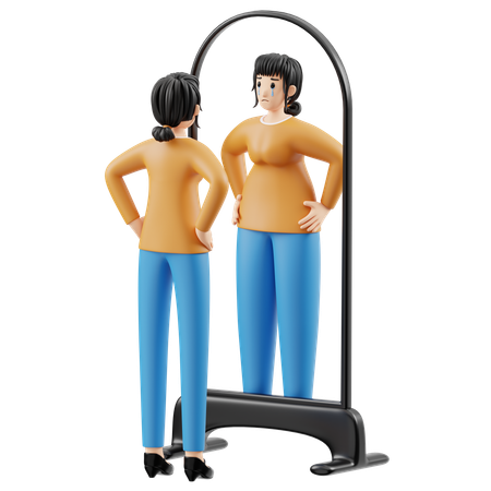 Woman Watching In Mirror While Crying After Watching In Mirror  3D Illustration