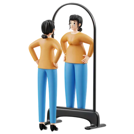 Woman Watching In Mirror While Crying After Watching In Mirror  3D Illustration