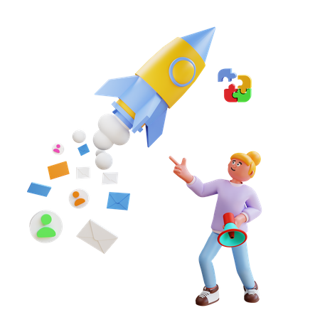 Woman watching rocket and holding megaphone doing digital marketing  3D Icon