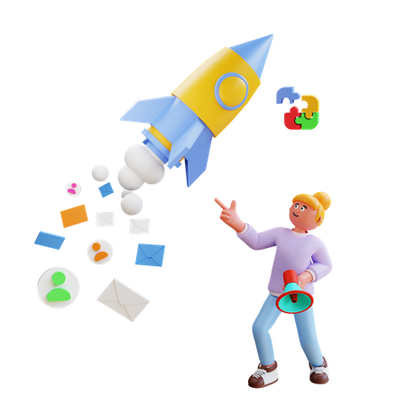 Woman watching rocket and holding megaphone doing digital marketing  3D Illustration