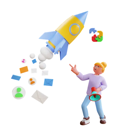 Woman watching rocket and holding megaphone doing digital marketing  3D Illustration