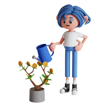 Woman Watering Investment Plant  3D Illustration