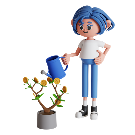 Woman Watering Investment Plant  3D Illustration