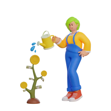 Woman Watering Investment Plants  3D Illustration