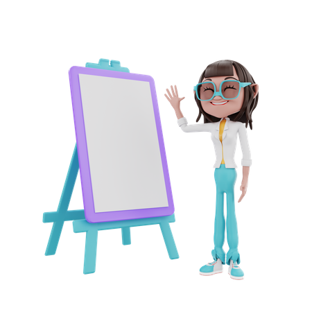 Woman waving hand with presentation board 3D Illustration