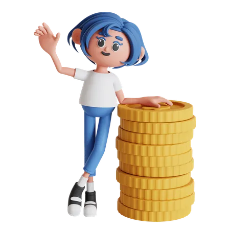 Woman Waving While Leaning On Coin Stack  3D Illustration