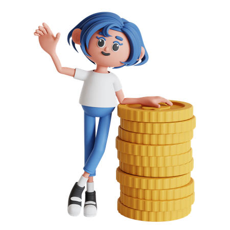 Woman Waving While Leaning On Coin Stack  3D Illustration