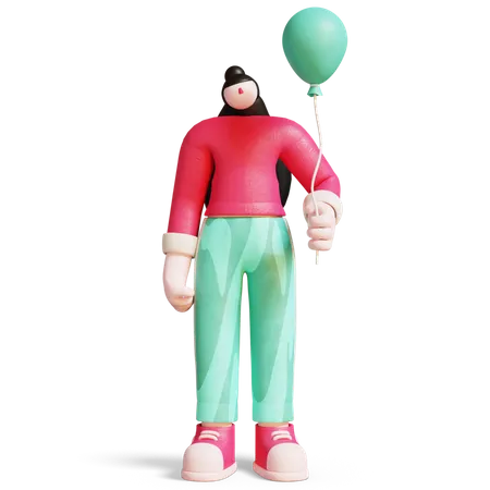 Woman With Balloons Flying In Sky 3D Illustration