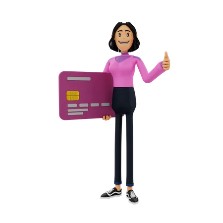 Woman with card showing thumbs up 3D Illustration